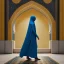 Placeholder: woman in flowing, white burka walking in front of a mosque with blue, green, gold mosaic walls, profile, panoramic, high-quality, fine-detail, intricate, ornate, volumetric lighting, 8k resolution, haunting, powerful, photo-realistic, 3d render, photo-quality, National Geographic photograph, Life magazine photograph