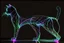 Placeholder: black background, outlines of a full-figure holographic cat, drawn from thin neon-coloured glowing lines