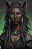 Placeholder: generate a dungeons and dragons character portrait of a female wolf-human hybrid with black skin, dreadlocks, green piercing eyes, fangs and a thick nose. She is wearing black clothes and has tusks