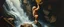 Placeholder: master oil painting by Rembrandt,troll climbing inside the waterfall