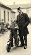Placeholder: An old picture style of black and white mono very bad quality looks very old camera picture with cracks a 10!years old boy with a scooter standing with a man with Antony queen the actors , year 1900