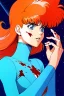 Placeholder: 90s anime sci fi orange hair space Captain girl blood on face sacred