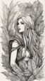 Placeholder: bits of color, furistic Sketch book, hand drawn, dark, gritty, realistic sketch, Rough sketch, mix of bold dark lines and loose lines, bold lines, on paper, Katarina, league of legends, leaves, animals, runes, dark theme,