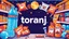 Placeholder: A beautiful design with the word "toranj" in the middle, surrounded by supermarket items such as mineral water, soda, chips, puffs, cakes, chocolate, Nutella packets, chewing gum, soda, and ketchup, with an orange, moon, blue, and white color theme and a psychedelic atmosphere.