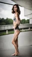 Placeholder: beautiful anorexic woman, total shot, short silver triathlon swimsuit, short brunette wavy bob hair, blurred concrete background