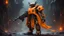 Placeholder: mechanical robot with orange cloak and big gun in a dark fantasy cyberpunk environment wall-e