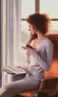 Placeholder: Beautiful, thin young woman, Arab home clothes, wavy hair, sitting on an office chair, reading a novel, next to a window, outside the window is sunset , 8k, finely detailed, photo realistic, cinematic