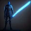 Placeholder: large black stone statue of a knight in a dark dungeon, holding a sword that's pointing up and glowing blue