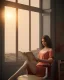 Placeholder: Beautiful, thin young woman, Arab home clothes, wavy hair, sitting on an office chair, reading a novel, next to a window, outside the window is sunset , 8k, finely detailed, photo realistic.