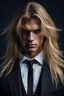 Placeholder: portrait of a malavolent stunningly handsome male aged 25, muscular, long blonde hair, blue eyes, wearing a dark suit, angry expression,4k, modern fantasy