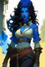 Placeholder: create an adult female air genasi from dungeons and dragons, black medium hair, light blue eyes, blue skin, wavy hair, wearing red leather clothing, full body, digital painting, high resolution, forest background, a bit zoomed out