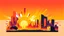 Placeholder: minimal design,shapes, synthwave, synthwave sun, synthwave city, simple,iconic:1.8), Explosion of color in city, comic style