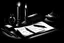 Placeholder: A hand writing a nostalgic letter, pens, an inkwell, candle, a picture in shades of black, painted with pencil, high quality details