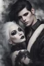 Placeholder: Close up of an Attractive goth man holding his goth girl, he is looking mysteriously at the camera with her back faced to the camera. Dark eyes, White hair, ,super realistic, smoky background