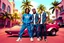 Placeholder: A vibrant, cinematic “Grand Theft Auto: Vice City”-style poster set in a pastel-colored Miami street with Art Deco buildings, tall palm trees, and warm sunlight. Two stylish men stand confidently in front of a vintage Lamborghini Countach. One man wears a blue Adidas tracksuit with white sneakers, hands in pockets, sporting short dreadlocks and a casual relaxed expression. The other man wears a denim vest over a white T-shirt, dark jeans, a bandana, and gold accessories, giving a cool streetwear