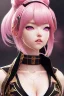 Placeholder: Detailed cute anime Kunoichi girl, pink hair buns, pink bangs, black latex bodysuit, intricate details, full body portrait, keep head in frame, slight smile, black Japanese motif, concept art, highly detailed, digital painting, concept art, sharp focus, illustration, art by Yoji Shinkawa, WLOP and greg rutkowski and alphonse mucha and artgerm and yanjun Chen and Junji ito and Makoto Shinkai, HDR, octane render