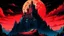 Placeholder: Render in vibrant comic style: a towering castle perched atop windswept cliffs, its jagged stone figure bathed in the cinematic crimson glow of a giant, imposing red harvest moon. Stars prickle the indigo sky, flickering witnesses as sinister shadows creep and coil through cobbled corridors and open arches. Integrating ominous undertones and dramatic contrasts, embody the castle's majestic allure and haunting mystery.