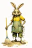 Placeholder: artist Jean-Baptiste Monge style. a unhappy, disgruntled biomorph tall lanky skinny fuzz-headed old dust bunny. skinny arms, legs and body. covered all over in bits of dust and dirt. blue eyes. A yellow dotted green raggedy apron. holding a mop and pail. standing in a cloud of dust. large bits of dirt flying around his head. In Style of Tim Burton