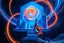 Placeholder: A surreal cosmic architectural composition featuring an elegant woman in a flowing multicolored gown standing at the center of an abstract floating structure in deep space. The structure is composed of geometric blue cubes and blocks arranged in an artistic formation, adorned with massive glowing spiral rose shapes in vibrant orange-gold and electric blue colors. Dynamic light trails and energy ribbons swirl around the composition in neon blue and warm orange tones. The background features a sta