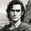 Placeholder: A portrait of Joaquin Phoenix in his early 30s, long beachy haircut, black hair, on a rocky island, in ebony armor from Skyrim, melancholic and dangerous facial expression, half-smiling, drawn in the style of ink manga sketch