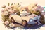 Placeholder: a cute proud chibi fluffy beige cat driving a car made of flower buds: roses, forget-me-nots, hydrangeaes on a cobblestone road in a forest next to a pond in sunshine