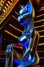 Placeholder: chrome chat robot cat woman smiling online in the style of escher and giger, spray paint, photo realism, trending on art station, 8k, depth of field, down light, light rays, volumetric, reflective spiral staircase, blue, brown and orange