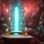 Placeholder: transparent crystal, on an altar in a foggy cave, cinematic,turqoise, bright light colors