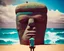 Placeholder: misfit crew in foreground on lush tropic beach men of renown giant god unknown olmec heads 100 story stone statue towering over martian isthmus in lagoon ocean surf photo real scifi fnatasy adventure cinema screen ratio