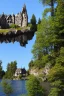 Placeholder: small gothic medieval house built into a rock face, rooms appear added on, lake, trees, arches, bridge, foliage, balconies, sunny blue sky