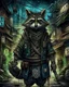 Placeholder: highly detailed concept illustration of an alternate reality ancient China samurai racoon wanderer in dark street, maximalist, highest resolution, in the styles of Alex Pardee, Denis Forkas, and Masahiro Ito, boldly inked, 8k, coarse, gritty textures