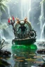 Placeholder: action figure of a glossed an transparent chained and crucified alien necrophyte electric racoon necromancer on round swamp transparent glass obcidian boat beholder eye wheel throne in a charged foggy jungle starry waterfall, blur background to make character pop out