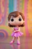 Placeholder: Funko Pop, very young female, medium wavy brown hair, pink ballerina dress, dance pose, smiling, very happy, colorful background, allowing visibility of the figure, typography, 3D render.