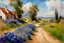 Placeholder: Sunny day, clouds, dirt road, flowers, mountains, big rocks, trees, sci-fi, john singer sargent watercolor paintings