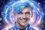 Placeholder: cosmic bionic beautiful men, smiling, with light blue eyes and straight blu hair in a magic extraterrestrial landscape with coloured fairy forest stars and bright beam