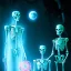 Placeholder: The Grim Reaper and the Skeleton in Tron world, discussing the future of the universe, art by Magritte and Pixar