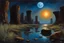 Placeholder: Dark blue sky with one exoplanet in the horizon, rocks, cliffs, puddle, weeds, sci-fi movies influence, epic, ernest welvaert and charles leickert impressionism paintings