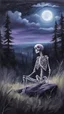 Placeholder: A sketchy oil painting from behind a skeleton sitting in the grass on the top of a hill, lookin into the night sky. A Forrest in the background. Painting. Purple colours. Blue colours. Night. Melancholic mood. Colorful.Pastel colours. Masterpiece.
