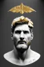 Placeholder: Ultra Realistic image, Roman sculpture, white marble material, Lionel Messi, gold Laurel leaves wreath, gold ornaments, chisel style, waist up portrait, epic, celestial, cinematic lighting, God light, god rays, 4k resolution, smooth details, ornate details, soft lighting, unreal engine 5, marble background.