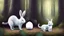 Placeholder: A black cat staring a white rabbit in the forest.