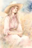 Placeholder: P: a young old-time cowgirl sitting in wildflowers and tall grasses, peaceful vision, wisps of hair around her face, straw hat, pink floral dress, muted colors, soft watercolor