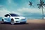 Placeholder: A Tesla 'Model S' is drifting at top speed, at the beach of Waikiki in Hawaii. CINEMATIC. WIDE ANGLE LENS. PHOTO REAL.