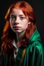 Placeholder: A 12 years old girl with red hair and green eyes and she is wearing a Hogwarts robe