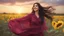 Placeholder: Hyper Realistic Close-up-view of a Beautiful-Young-Happy-Pashto-Woman-Smiling with beautiful-long-black-hair-&-pink-dress-with-maroon-shawl & breeze-whirling in a sunflower-field with a tree behind & cloudy-sunset showing dramatic & cinematic ambiance