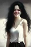 Placeholder: setting smiling girl with white skin black wavy hair wearing top and pants