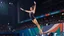 Placeholder: Please provide a detailed Photo of a female gymnast performing her routine on the floor exercise at the Olympic Games. Include specific elements of her performance, such as her choreography, the difficulty of her moves, her artistry, and how she engages the audience. Additionally, describe the atmosphere of the event, the reactions of the crowd, and any notable aspects of her presentation. The output should be structured in a way that captures the excitement and technical skill of the performanc