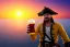 Placeholder: Ein Pirat, der vor seinem Schiff steht und ein Glas Bier in der Hand hält. Im Hintergrund sieht man ganz viele Zitrusfrüchte herumliegen. Das Bild soll ein gelblichen Ton durch den Sonnenuntergang haben. Realistisches Bild 4K