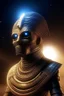 Placeholder: portrait of mummy robot, stars shining, Egyptians with the hair standing straight up in front of pyramid of Babel. 4 k, down light, depth of field, trending art, spray paint, high detail, fantasy art, alien connection, future tech