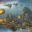 Placeholder: Steampunk scene of futuristic San Francisco, fantasy airships flying over Victoria in a cloudy sky,Giant sci-fi super-panzer in the style of John Berkey