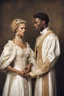 Placeholder: interracial marriage, blonde man and mulatto woman, wearing aristocratic robes