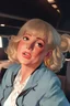 Placeholder: cartoon portrait of extremely feminine, sexy stewardess lady in blue uniform with blonde hair and strong makeup, big smoky eyes, huge pouty inviting luscious lips and large golden earrings